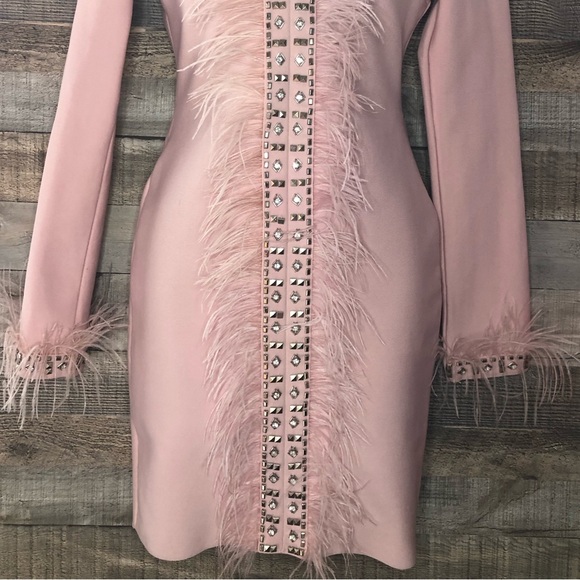 Pink/Salmon Colored Fashion Nova Bandage Dress with Feather Accents Size S - Picture 13 of 16